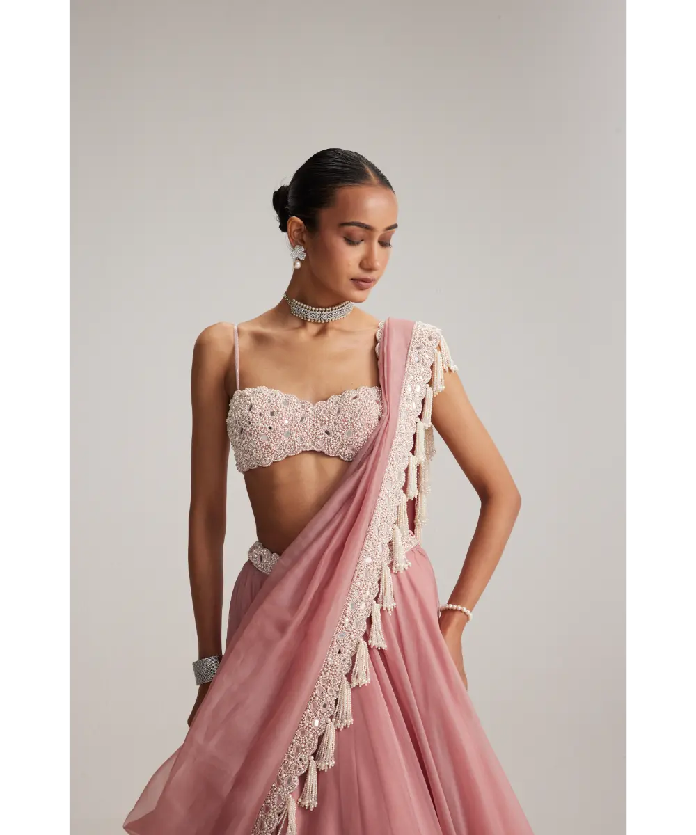 VVANI VATS- Dusty Rose Organza mirror and pearl lehenga set